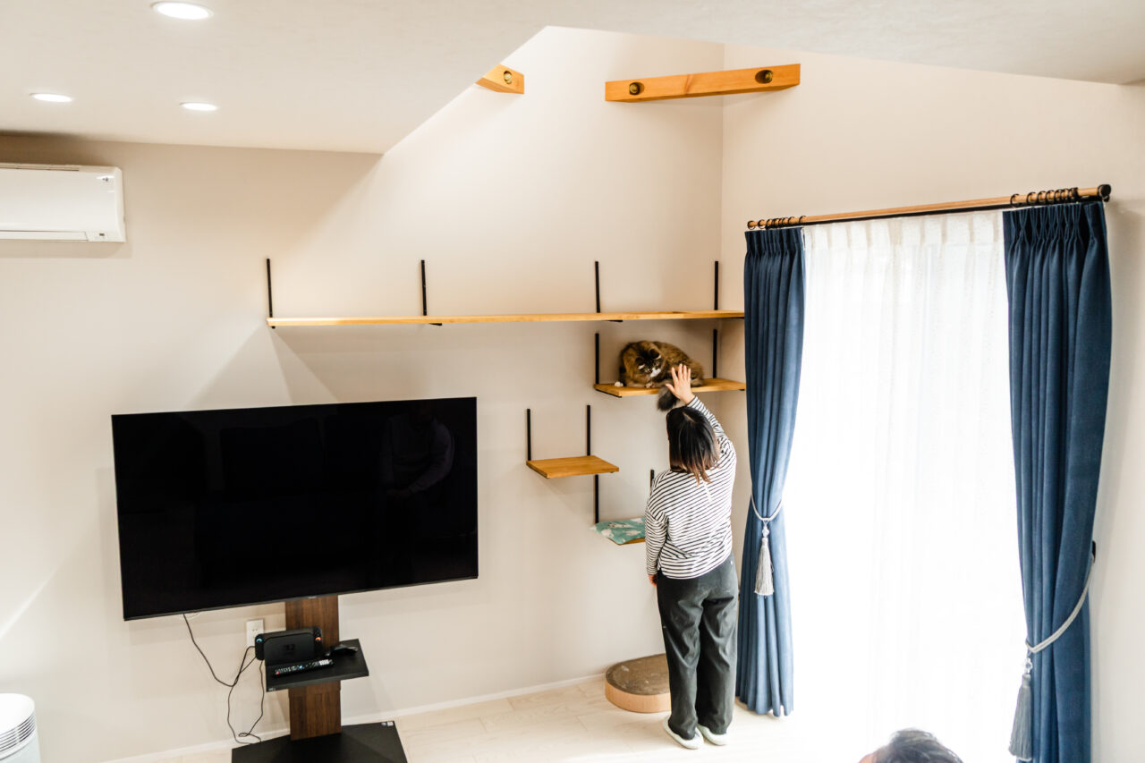 キャットウォークで愛猫と過ごすY様邸のリビング