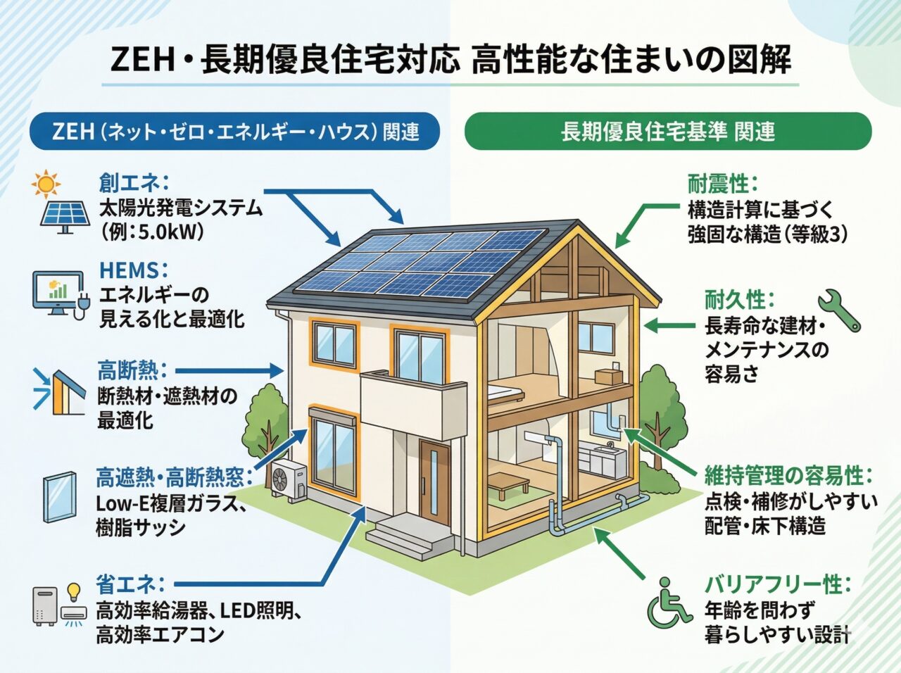 ZEH・長期優良住宅に対応した自社の高性能な住まい（施工例ベースの図解）
