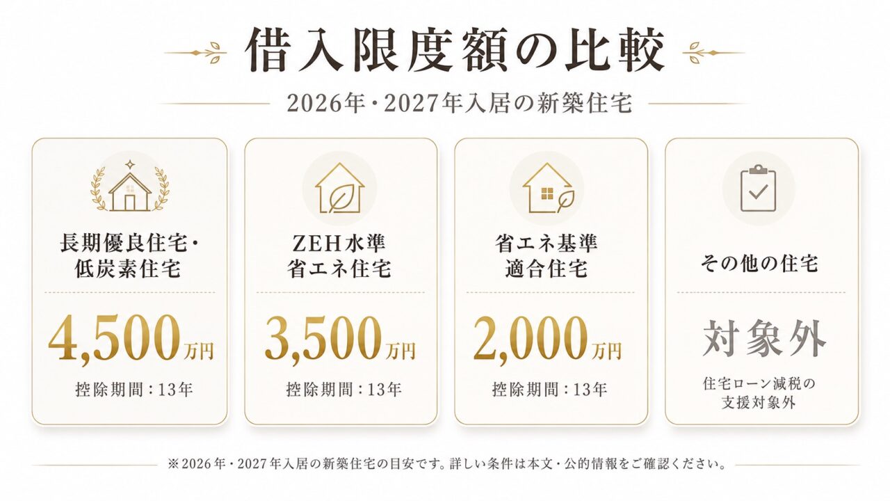 2026年以降の新築住宅における住宅ローン減税の借入限度額比較