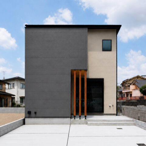 東大阪市瓢箪山町B号地で建築した注文住宅。グレー×木目が映える、キューブ感のある外観。