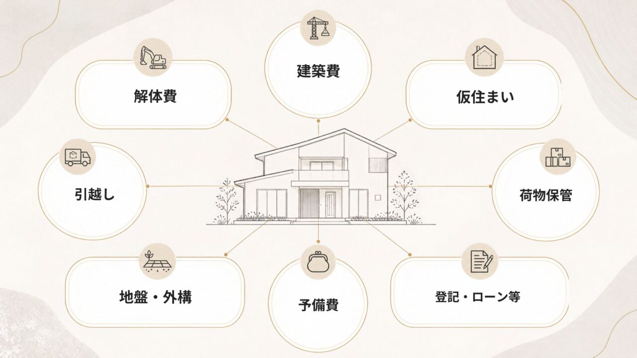 家の建て替え費用を構成する主な項目の図解