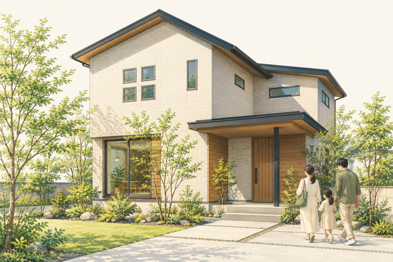 木目の玄関がある2階建て住宅と、家に向かって歩く家族のイラスト